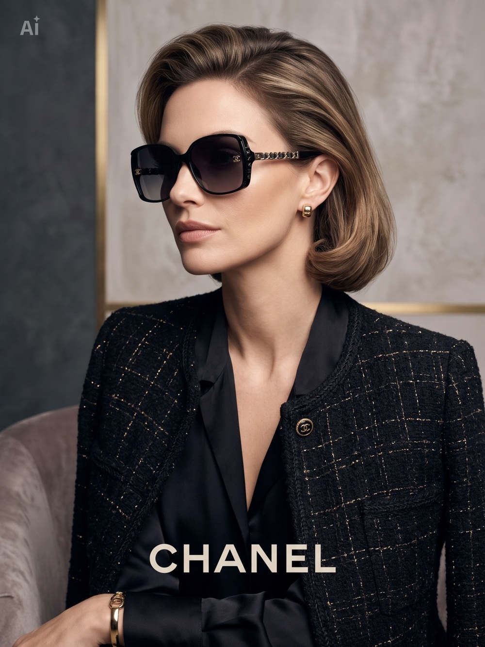 CHANEL Black Gradient Lens Sunglasses with Gold Chain Temples